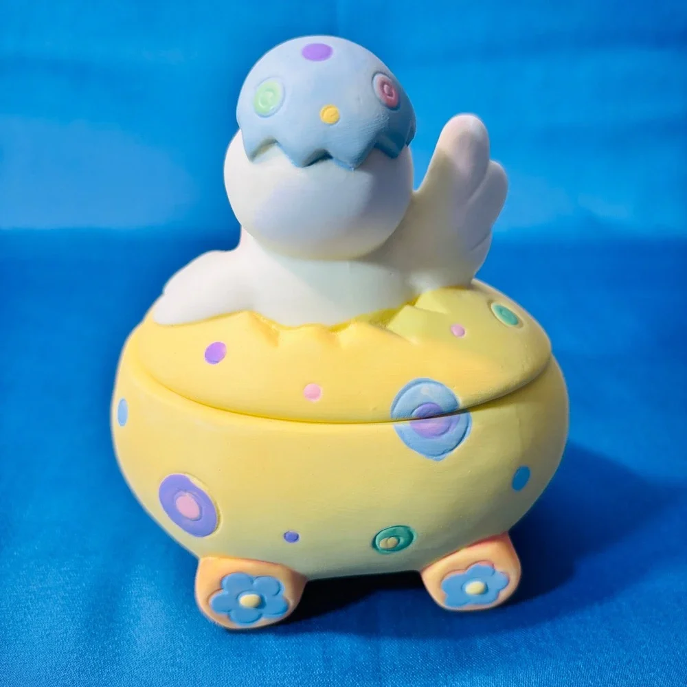 Vintage Porcelain Easter Egg Trinket Box Chick Figurine Pastel Spring Decor